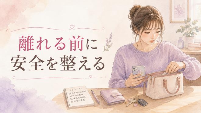 バッグと鍵とスマホを確認しながら落ち着いて別れの準備をする女性