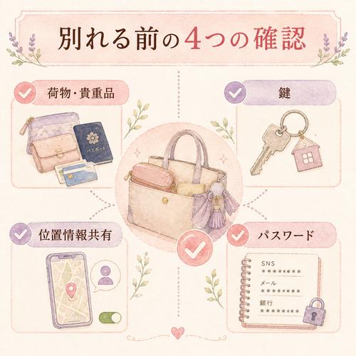 別れる前に確認したい荷物、鍵、位置情報、パスワードのチェック図