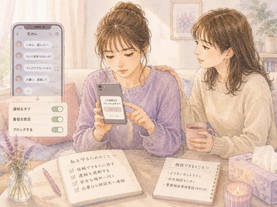繰り返し届く連絡を遮断し信頼できる人へ相談する女性
