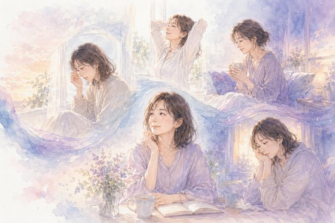 失恋後の気分の波を感じながら日常へ戻っていく女性のイラスト