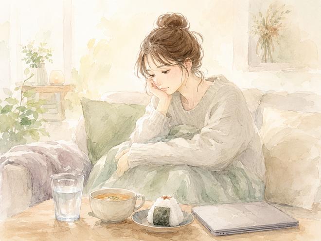 失恋で動けない日に水分と簡単な食事を用意して休む女性のイラスト