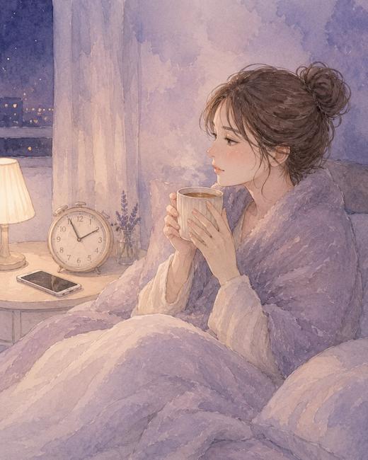 失恋後の眠れない夜にスマホを離して温かい飲み物とともに休む女性のイラスト