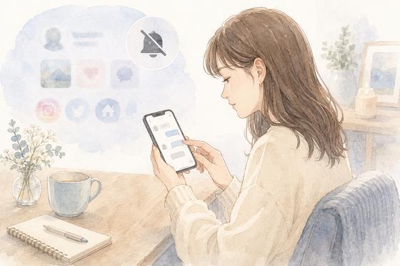 元恋人との必要な連絡だけ残してSNSはミュートする女性のイラスト