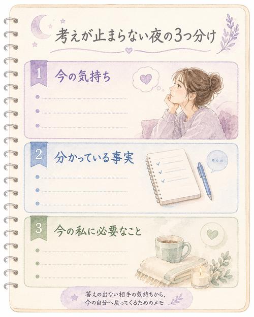 失恋後の考えを気持ち・事実・今必要なことに分けるメモの図解