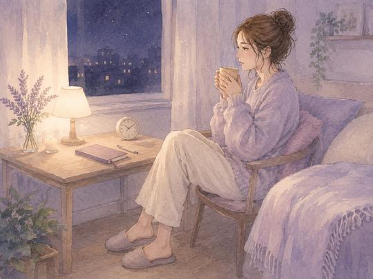 夜にノートを書いたあと温かいカップを持って気持ちを落ち着ける女性のイラスト