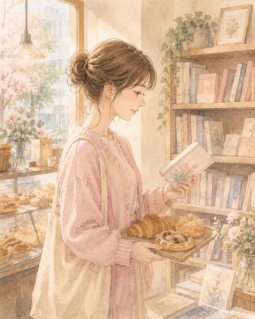 自分のために好きなパンと本を選ぶ女性のイラスト