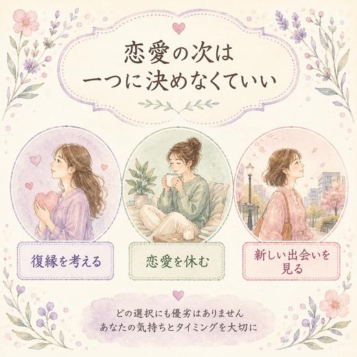 復縁・恋愛を休む・新しい出会いの三つの選択肢を並べた図解