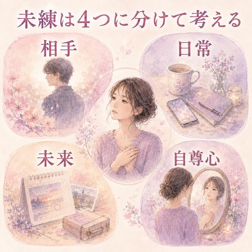 元彼への未練を相手・日常・未来・自尊心の4つに分けた図