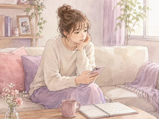 休日にスマートフォンを手にして元彼との連絡習慣を思い出す女性