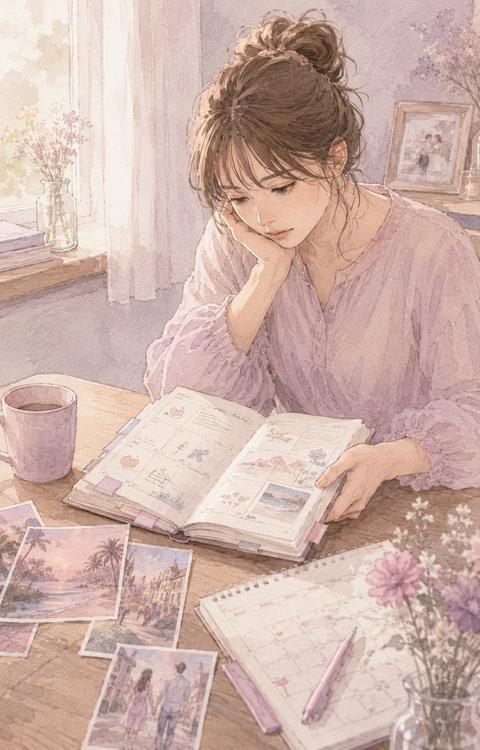 旅行や将来の予定が書かれた手帳を見つめる女性