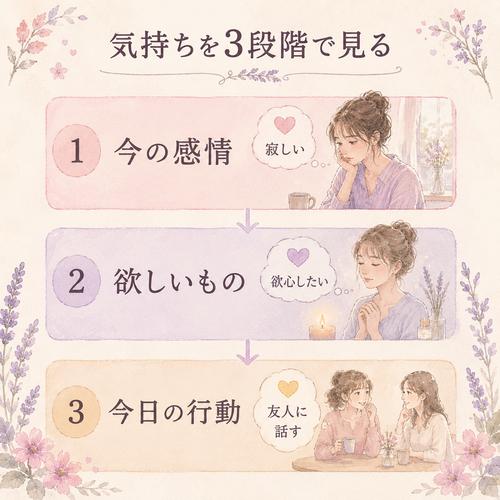 感情から必要なものと今日の行動へつなげる3段階の図