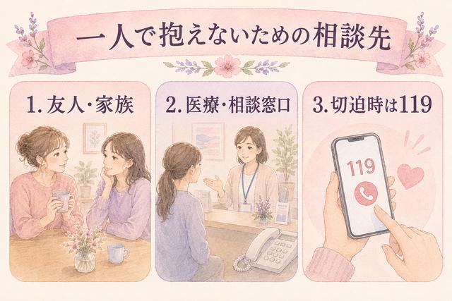 失恋がつらいときの相談先を身近な人・医療や相談窓口・緊急支援に分けた図