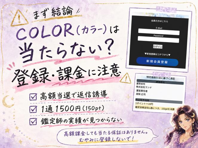 COLOR(カラー)は当たる根拠がなく、鑑定師の実績や1通1,500円の課金に注意が必要だと示す検証画像
