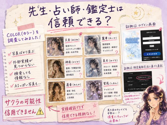 COLOR(カラー)の鑑定師プロフィールを調べ、外部実績や実在性を確認できなかった点を示す検証画像