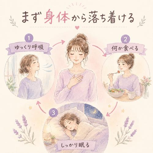 喧嘩後に呼吸と食事と睡眠で気持ちを整える流れの図
