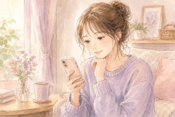 落ち着いた表情で彼氏への短いLINEを考える女性