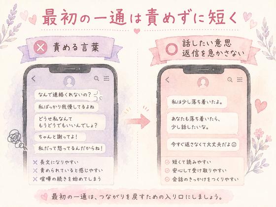 喧嘩後の責めるLINEと安心を残す短いLINEを比較する図