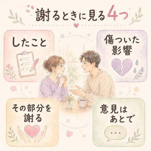 具体的な謝罪に必要な四つの要素をまとめた図