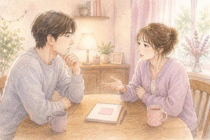 一つの問題について落ち着いて話し合うカップル
