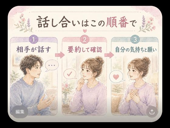 仲直りの話し合いで相手の話を確認してから自分の気持ちを伝える順番の図
