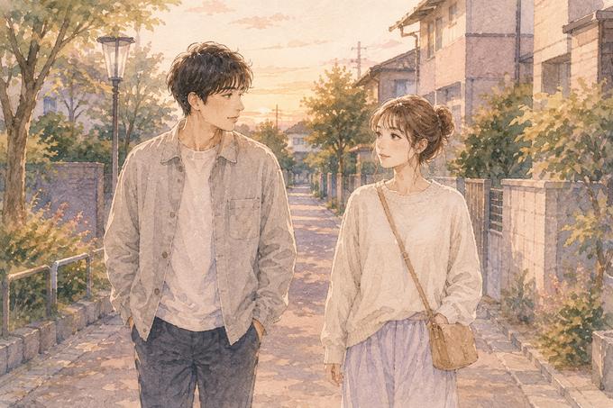 仲直り後に少し距離を保ちながら散歩するカップル