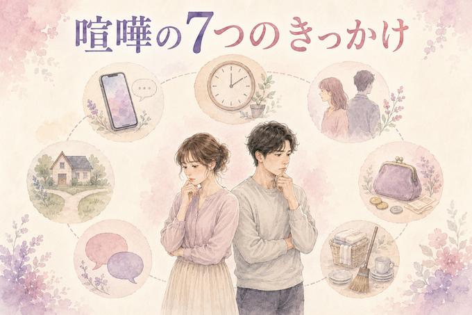カップルの喧嘩につながりやすい七つの話題を示した図