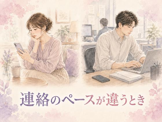 スマホの返信を待つ女性と仕事中の男性のイメージ