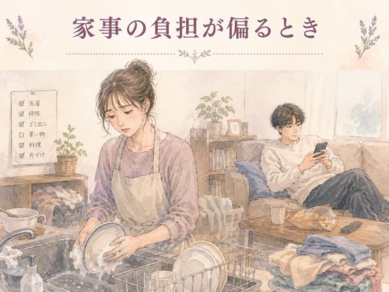 家事の負担に疲れる女性とくつろぐ恋人のイメージ