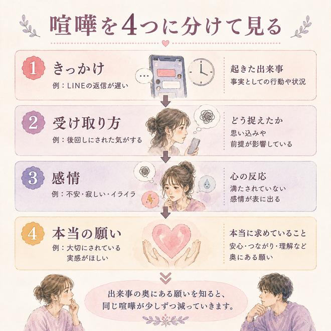 喧嘩の原因を四つの層に分けて考える図