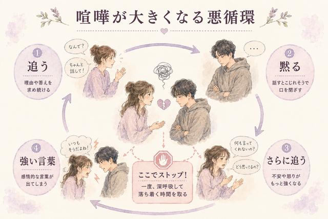 追及と沈黙が繰り返される喧嘩の悪循環を示した図
