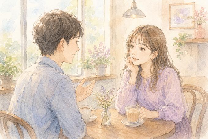 カフェで互いに話したり聞いたりしながら自然に過ごす男女