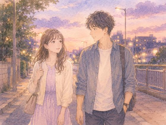 夕方の帰り道で適度な距離を保ちながら並んで歩く付き合う前の男女