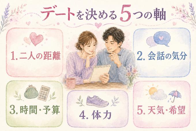 デートを決めるための距離感、会話、時間と予算、体力、天気と希望の5つの判断軸