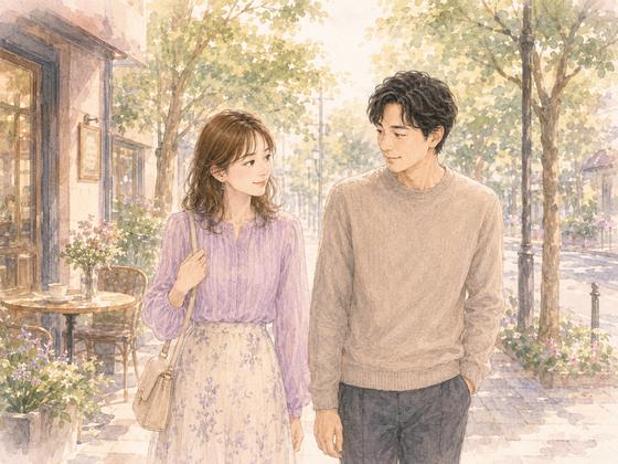 まだ少し距離のある男女がカフェのあと並んで散歩しながら自然に会話している様子