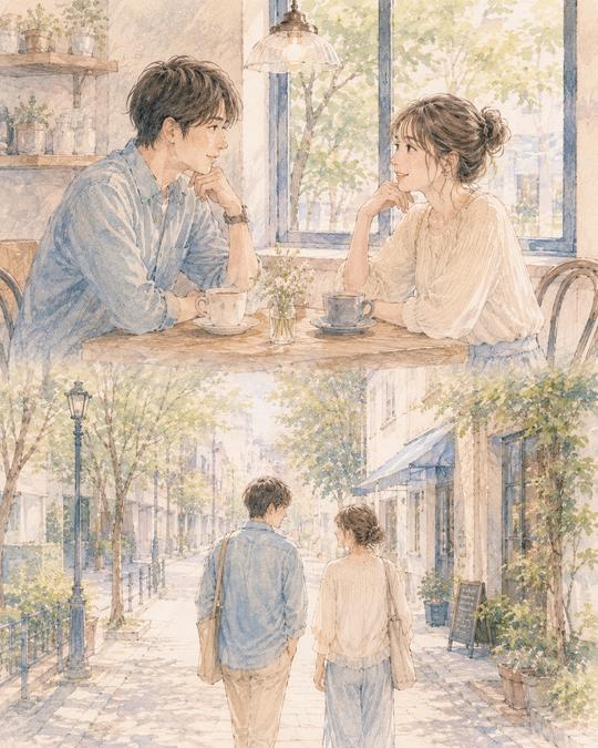 カフェで会話を楽しみ、その後の散歩も選べる余白のあるデートを過ごす男女