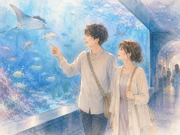水族館の大きな水槽を並んで眺めながら自然に会話する男女
