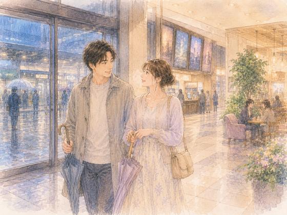 雨の日に駅直結の複合施設へ入り、傘を閉じてほっとする男女