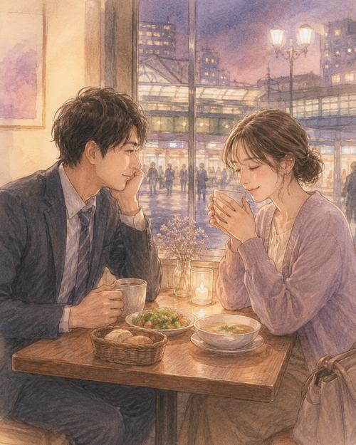 仕事帰りに無理な遠出をやめ、駅近の店で短く食事をして穏やかに過ごす男女