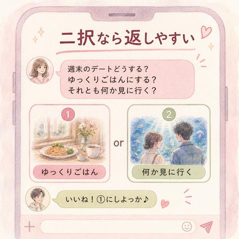 デートの候補を二択で聞くと相手が返しやすいことを示すLINE風の解説画像