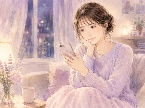 夜にスマートフォンを見ながら恋人からの返信を待つ女性