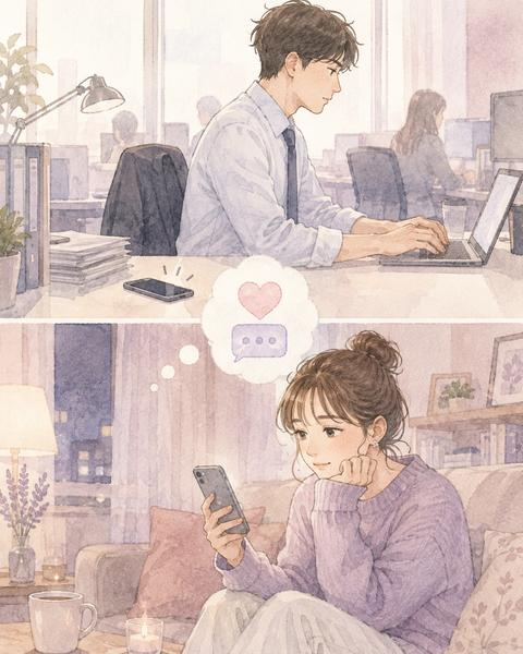 仕事中でスマートフォンを見られない恋人と返信を待つ女性の場面