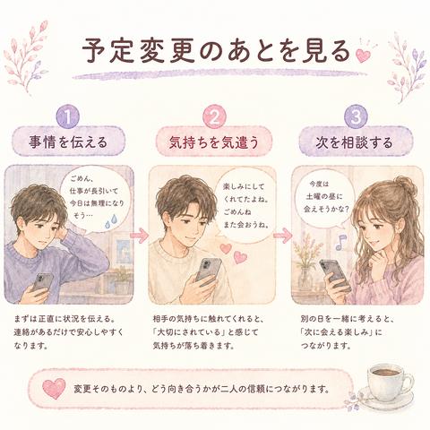 デート予定変更後の対応を3段階で示した図