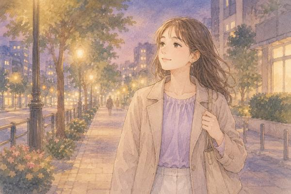 デート帰りに穏やかな表情で歩く女性