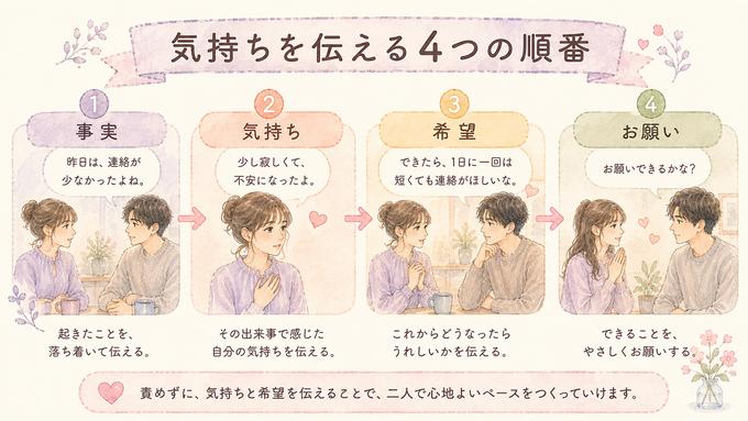 恋人へ希望を伝える4段階の会話方法を示した図