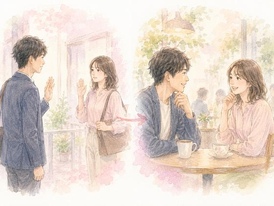 一度きりの会話と繰り返し会うことで少しずつ打ち解ける男女の場面