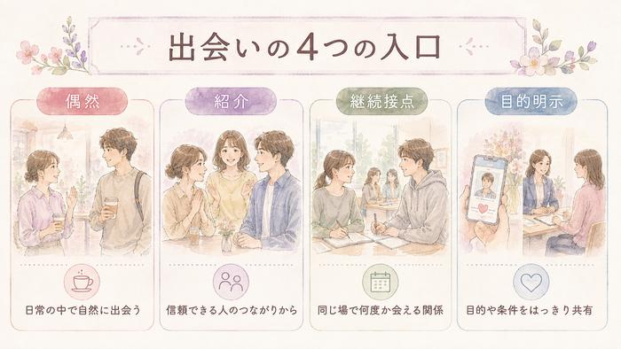 偶然型、紹介型、継続接点型、目的明示型の4つの出会い経路を並べた図