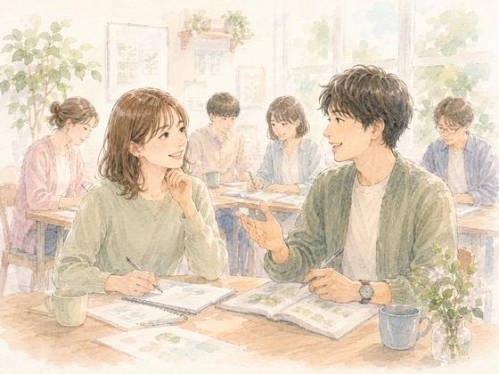 少人数の学びの場で二度目に会った男女が自然に会話する様子