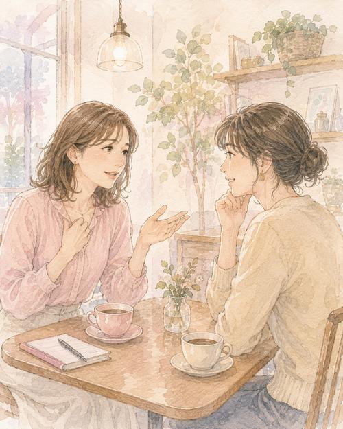カフェで友人に落ち着いて話せる人を紹介してほしいと相談する女性