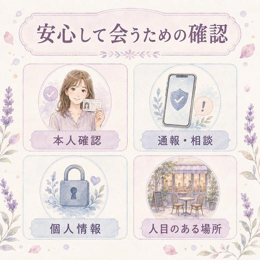 オンラインの出会いで確認したい本人確認、運営体制、個人情報、初対面の安全を整理した図