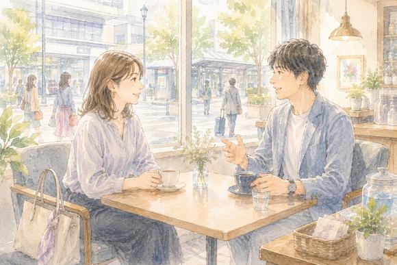 昼間の人目のあるカフェで初対面の男女が適度な距離で話している様子